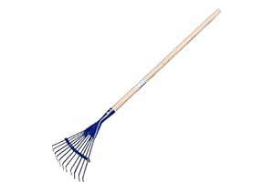 LAND-HAUS-SHOP Kinder Gartenrechen Metall mit Holzstiel, Kinder Garten Spielzeug Laub Rechen Fächerbesen (Blau)