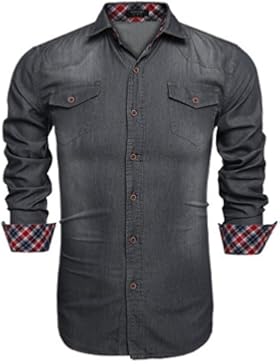Aulei Herren Jeanshemd slim fit aufwendiges Denim Shirt Langarm used look