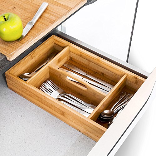 Relaxdays Besteckkasten mit Tragegriff H x B x T: ca. 7 x 23 x 37cm Besteckeinsatz aus Bambus mit 4 Fächern als Küchenorganizer und Besteckbox ideal für Buffets pflegeleichter Schubladeneinsatz, natur - 2