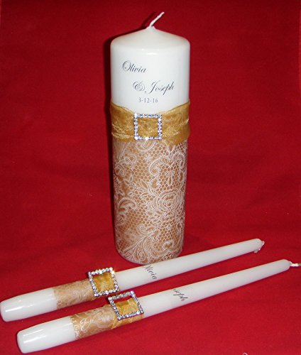 Personalised Unity Wedding Candle Set - Gold or red damask with ribbon and diamante gem