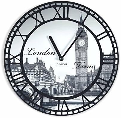 Unique wall clock vintage LONDON silent non ticking, oval, 38 cm, acrylic, for living room, office, bedroom