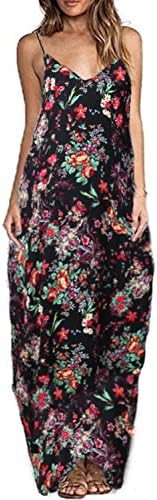 VEVESUNDO Loose Spaghetti Strap Floral Holiday Dress Party Beach Summer Boho Sleeveless Casual Long Shirt Blouse Dresses UK 6 8 10 12 14 16 18 (UK 16, Black Floral Print 18)