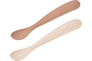 BÉABA, Lot de 2 Cuillères en Silicone Bébé/Enfant 1er Âge - Dès 4 mois, Souple - Bout arrondi - Manche long et Ergonomique, Boite de transport - Finition Anti Poussière - Argile/Pralin