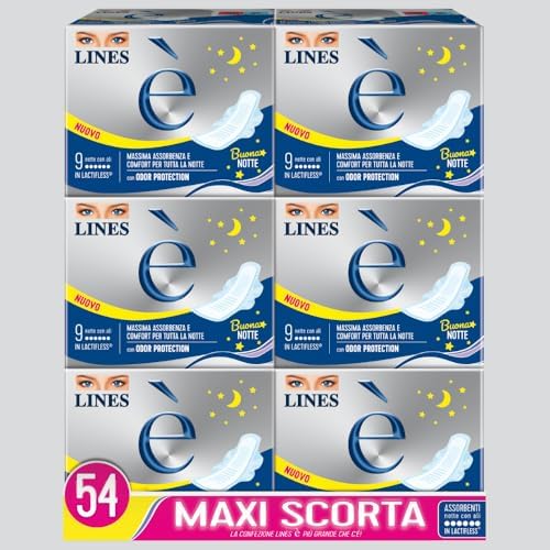 LINES È NOTTE con ali, Pacco scorta da 54 assorbenti per ciclo mestruale, con struttura in Lactifless, Assorbenza e comfort per tutta la notte, con Odor Protection