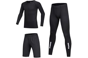 BUYKUD 3tlg Kinder Sportunterwäsche Fußball-Trainingsanzüge Funktionsunterwäsche Sportshorts Kompressionsshirt Kompressionshose Set