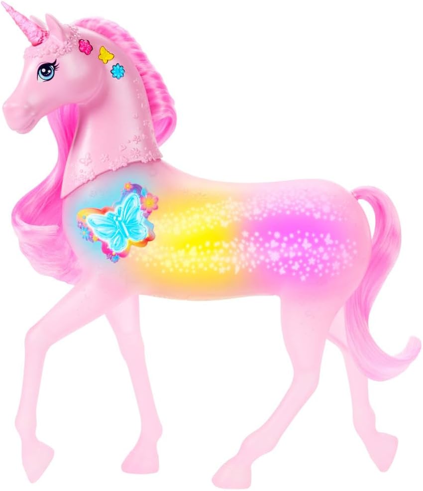 Barbie Unicornio Galopa y brilla Juguete con 20 combinaciones interactivas de luces, sonidos y música, presiona botones y acaricia la cabeza del animal para jugar, JCP78