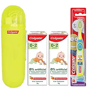 Colgate Kids (5+ years) Minions Basic Toothbrush + Colgate Kids 0-2 Strawberry Mint Flavour Toothpastes, 0% Artificial For Kid (70gx2) +Toothbrush/Toothpaste Container Hard Plastic Case