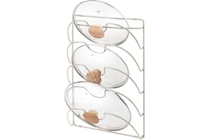 mDesign Soporte de pared vertical para utensilios y menaje de cocina – Práctico organizador de tapas de ollas y sartenes – Útil organizador de cocina de metal – plateado mate