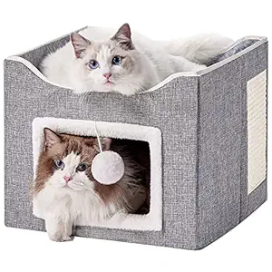 BEDELITE Cat Cube Cat Beds for Indoor Cats - Large Cat Bed for Pet Cat House with Scratch Pad and Fluffy Ball Hanging, Cat Hidewawy Foldable,15.4?15.4?12.6 inches(Grey)