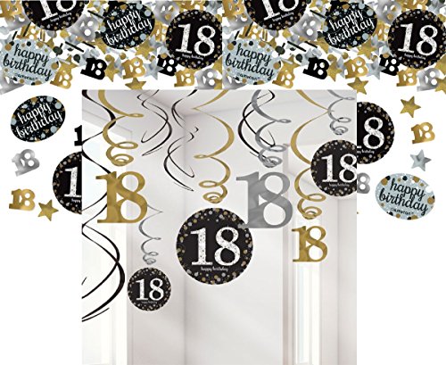 12x Deckenhänger Swirl und Tischkonfetti 18 Geburtstag in gold schwarz silber + Glitter 18 Happy Birthday