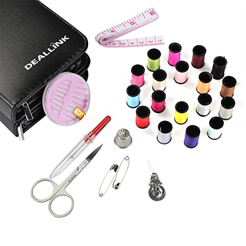 Deallink Nähset Nähmaschinengarn für Zuhause, Reise und Notfall, mit Schwarzer Ledertasche - 2