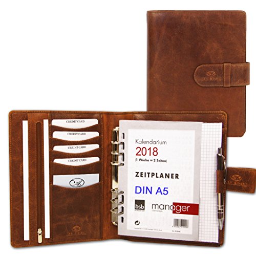ALMADIH Leather Folder A5 Organiser + calendar 2018 - Writing Pad Personal Organizer Conference Folder System Planer Ring Binder zipper Portfolio Folio Workbook Datebook Planer Schedule Diary Sleeve