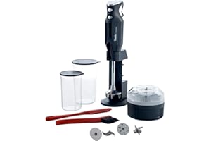 bamix Set mixeur plongeant M350 MAXX avec support, 2 récipients, 4 accessoires, Processeur, Spatule, Brosse de nettoyage, 300 W, Fabriqué en Suisse, Noir/chrome