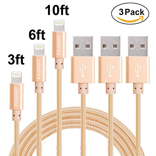 Lightning Kabel Pasway iPhone Ladekabel 3 Pack (1M, 2M, 3M) Nylon Geflochtenes USB Kabel mit Lightning Connector für iPhone 6/6 Plus/6S, iPad Air 2, iPad Pro und mehr Gold