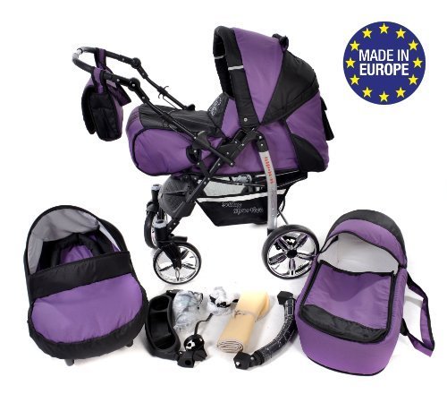 Sportive X2 - Sistema de viaje 3 en 1, silla de paseo, carrito con capazo y silla de coche, RUEDAS GIRATORIAS y accesorios (Sistema de viaje 3 en 1, violeta, negro)