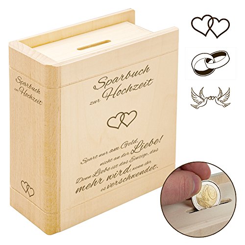 Spardose Buch aus Holz mit Gravur zur Hochzeit – Liebesgedicht – Motiv Herzen – Sparbuch als originelles Hochzeitsgeschenk – Geldgeschenk-Sparbüchse aus Ahornholz – 13,5 x 16,5 x 6,5 cm - 4