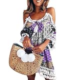 Yvelands Damen Sommerkleider aus Schulter Kleid Quaste Kurze Cocktailparty Strandkleider (Purple1,EU-34/S)