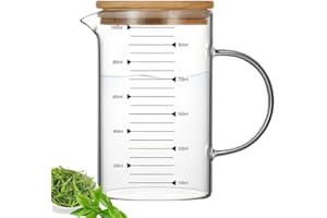 WANDGU Vaso medidor de vidrio con tapa de bambú: 1 litro de medición resistente a la temperatura, vaso medidor transparente, vidrio de borosilicato, pared gruesa, medidas claras para zumo, accesorios
