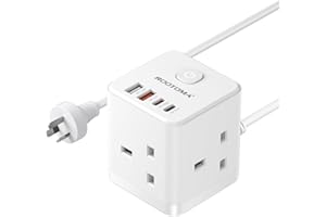 ROOTOMA UK to Australia Plug Adapter with 1.5M Extension Cable 3 Way 4 Fast Charging USB (QC3.0/PD20W) Compact Cube Plug Adapter for New Zealand, China, Fiji, Argentina, Type I