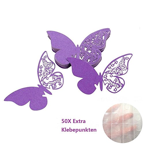 ElecMotive 50 Stück Schmetterling Tischkarten Namenskarten Glasanhänger Wandsticker für Tischdeko Hochzeit Party Haus Deco (Lila)