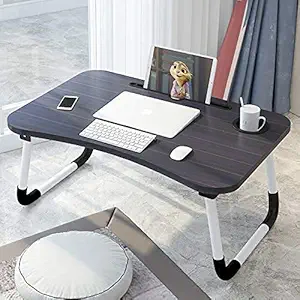 NIHARA Smart Multipurpose Foldable Laptop Table with Cup Holderr Study Table, Bed Table, Breakfast Table, Foldable and Portable/Ergonomic & Rounded Edges/Non-Slip Legs-> (Black)