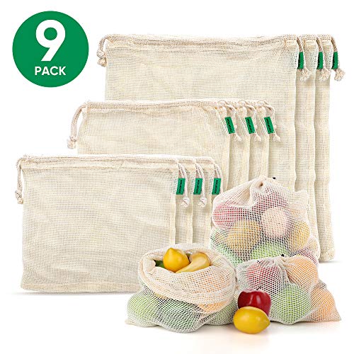 Fstoption Bolsas Compra Reutilizables, 9pcs Ecológicas Bolsa de Malla para Almacenamiento Fruta Verduras Juguetes Lavable y Transpirable
