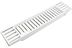 Pkge Bamboo Wooden Bath Rack Bathtub Caddy Tray | Bathroom Accessory Bath Shelf, Bathroom Storage Organizer | Bathroom Shelf Caddy, 70 x 14.5 x 7.5 cm (White)