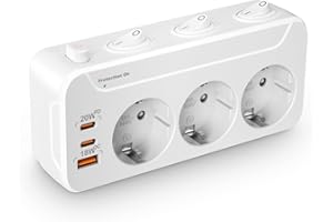 KIYKZI Ladron Enchufes con Interruptor Independiente,Enchufe Múltiple Pared,PD20W Regleta Enchufes Adaptador 3 Tomas,Horizontal Vertical Giratorio Ladrón Triple con Tierra 16A Proteccion Sobretension,Blanco