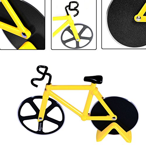 flintronic Pizzaschneider Fahrrad Profiausführung Ständer, Klingen aus Rostfreiem Stahl mit Antihaft -Beschichtung, Gelb - 5