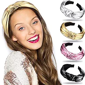 FAVELA Knot hairband for Hair Accessories Leather Stylish Solid Fabric Knot with Plastic Hair Band. (Black) Pack of 4