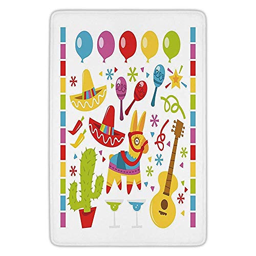 TRAzz Bathroom Bath Rug Kitchen Floor Mat Carpet,Fiesta,Mexican Party Pattern Cactus Sombrero Musical Items and a Pinata Ethnic Inspirations,Multicolor,Flannel Microfiber Non-slip Soft Absorbent