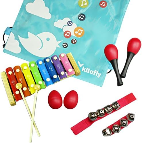 kilofly Mini Band Musical Instruments Value Pack, Xylophone + 6 Rhythm Toys [2 Maracas, 2 Egg Shakers, 2 Wrist Bells, Red]