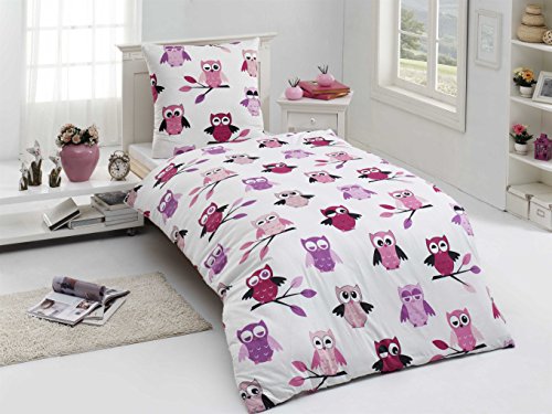 Aminata Kids – Bettwäsche 135×200 cm Eulen Mädchen Frauen Eule lila Baumwolle rosa rose flieder Eulenmotiv Teenager-Mädchen Eule Pastell-Rosa Pink Bettwäsche-Eule Linon mit Reißverschluss – Einzelbett - 3