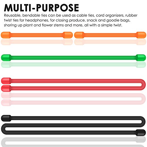 24 Stück Twist Krawatten, SENHAI 18 „12“ 3 „& 6“ Silikon Kabelbinder Wiederverwendbare Gummibänder Halter für Cord Management Cording Hanging – Schwarz, Grün, Orange, Rot - 5