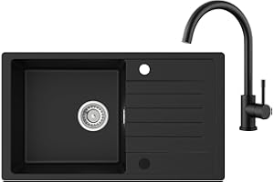 CECIPA Evier Cuisine 1 Bac avec Egouttoir，avec Mitigeur Cuisine, Evier Noir en Granit 78 x 45 cm, Lavabo Cuisine 1 bac, Évier Cuisine avec Siphon Classique et Trop-plein