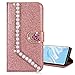 Produktbild Nadoli Leder Hülle für Galaxy J4 Plus 2018,Luxus Bling Glitzer Diamant 3D Handyhülle im Brieftasche-Stil Perle Herz Flip Schutzhülle Etui für Samsung Galaxy J4 Plus 2018,Rose Gold