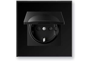 BSEEDLIFE Schuko Steckdose mit Wasserdichter Abdeckung, Unterputz 86 * 86mm, 16A EU-Steckdose mit Glasrahmen, Spritzwassergeschützt für Bad/Küche, Einfache Installation (Klappkrallen), 1-Fach Schwarz