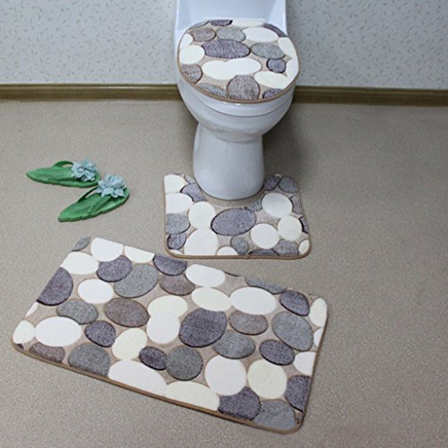 MagiDeal 3pcs Badematten Set Badezimmer Non-Slip Sockel Teppich + Deckel WC-Abdeckung + Badematte – Große Kieselsteine, One Size - 5