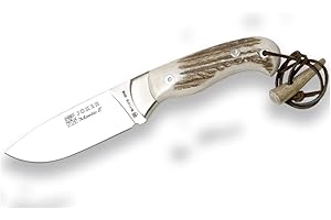 Joker Cuchillo de Monte Enterizo Montés II CC08, Hoja de 10,5 cm, Mango de asta de Ciervo, con Funda de Cuero marrón, Herramienta de Pesca, Caza, Camping y Senderismo
