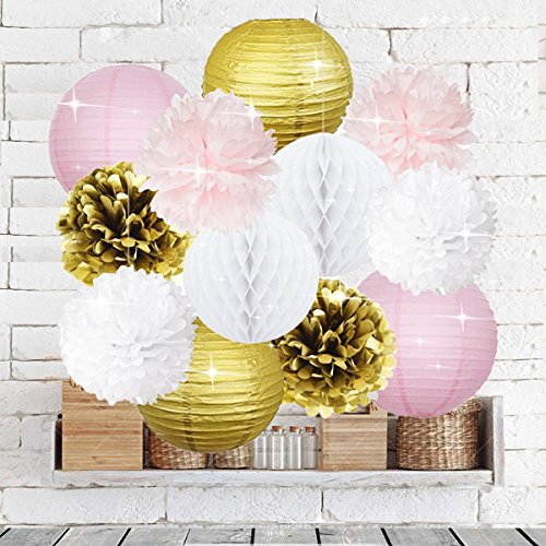 Furuix 12pcs Rosafarbenes Gold-Partei-Dekoration-Installationssatz-Gewebe-Papier Pom Pom-Bienenwabe-Kugel und Papierlaterne für Mädchen-Geburtstag-Hochzeits-Dekoration-Rosa-Baby-Raum-Dekoration-Partei-Bevorzugungen Deco Mariage