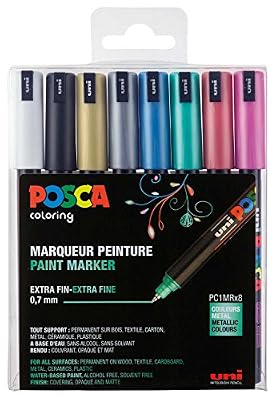 Uniball Uni-Ball 181709 – Marqueur Uni Posca avec pointe calibrée, Lot de 8, métallique