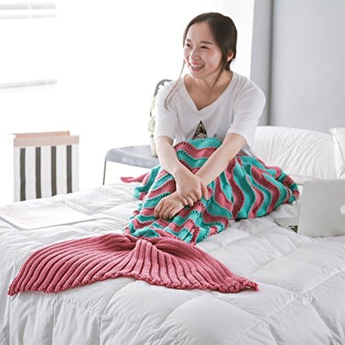 Girls Knitting Mermaid Tail Blanket Gift With Stripe Pattern, Handmade Crocheted Sleeping Bag Super Soft Slumber Bag Bed Throw for Sofa Living Room All Season (Watermelon Red)