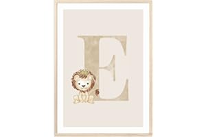 MeinBaby123® Poster con lettere, formato DIN A4, per cameretta dei bambini, decorazione per la cameretta dei bambini, immagini per la cameretta dei bambini, poster con lettera iniziale E (leone,E)