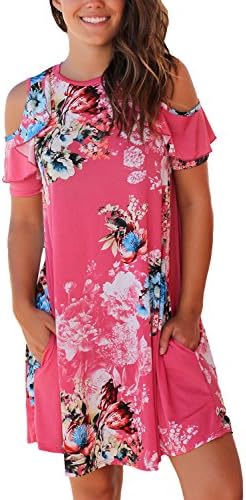 Annflat Women's Summer Ruffled Cold Shoulder Short Sleeve Flowers Print Mini Dress Small Rose