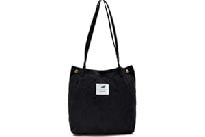 Funtlend Women’s Shoulder Bag, Large Corduroy Bag, Handbag, Shopper, Bag with Handle for University, Work, School, Girls (Brown), A-Black