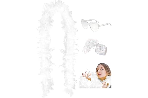 DAJOOEE Boas à plumes de 45g (2 yards) avec paillettes et lunettes soleil en cœur - Pour femmes et adolescentes - Fêtes d'enterrement de vie de jeune fille, Halloween et déguisements