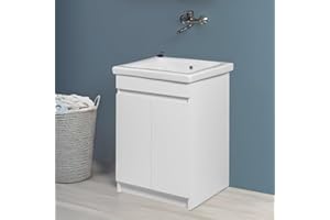 INBAGNO Mobile Lavatoio 61X50 Cm Con Vasca In Ceramica E Strofinatoio, Struttura In Legno Nobilitato Bianco Opaco Con Due Ante Apribili A Gola, Già Montato Con Kit Di Scarico Incluso