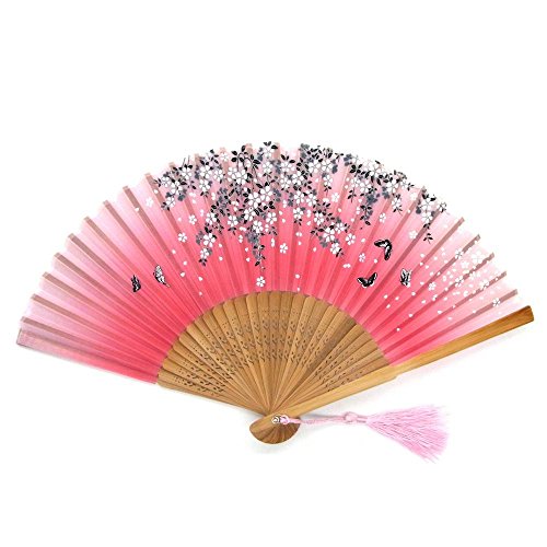 2x Handfächer Bambus mit Blüten und Schmetterlinge #135042 Pink