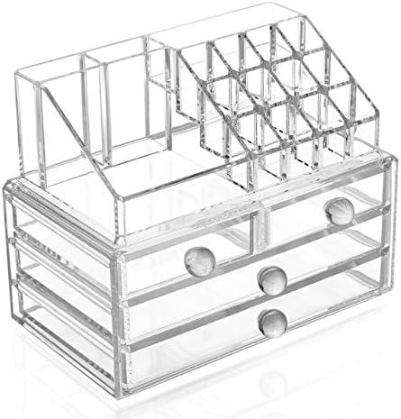 Premium Beauty Cosmetic Organiser Display Stand with 4 Drawers (2 parts 20 sections) - Clear Acrylic - Great for Storing Nail Polish Varnish, Lipsticks, Makeup sets, Brushes, Jewellery, Earrings, Arts &amp; Crafts - presented by GlamRok Stars