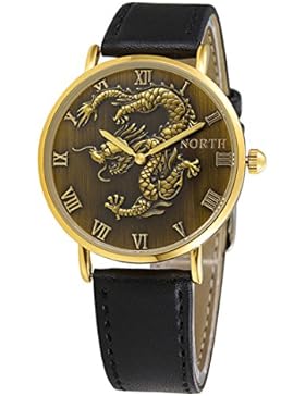 Souarts Herren Armbanduhr Drache Muster Mode Quarz Uhr mit Batterie Schwarz Band Bronzen Farbe Zifferblatt